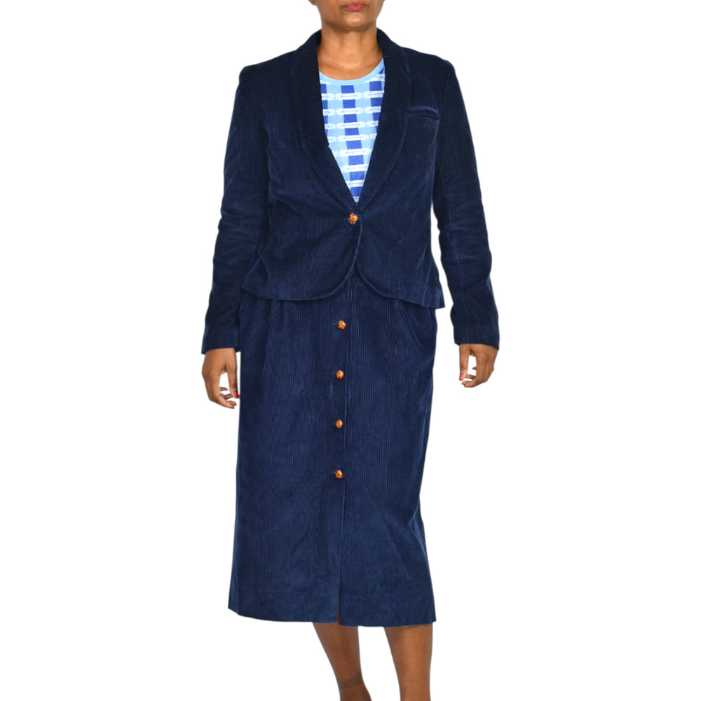 Young Traditions Vintage Corduroy Skirt Suit Set Blue Blazer Jacket Midi Small